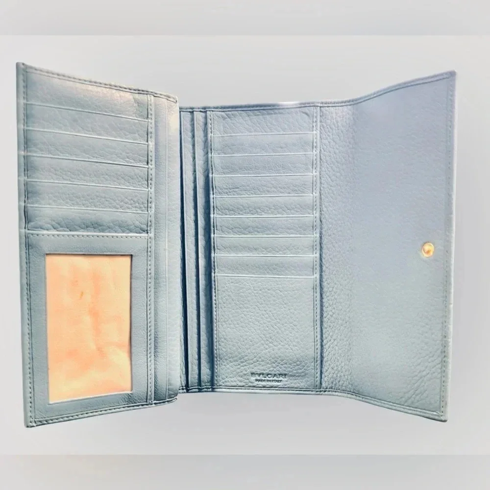 Rare Bvlgari Double Logo Blue Leather Flap Trifold Long Wallet